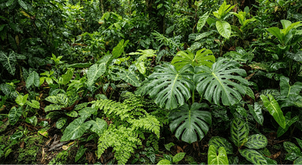 Lush tropical leaves and organic plants